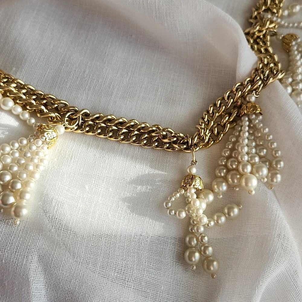 Vintage Good Condition Stunning Faux Pearl & Gold-Tone Chain Belt, M, $50